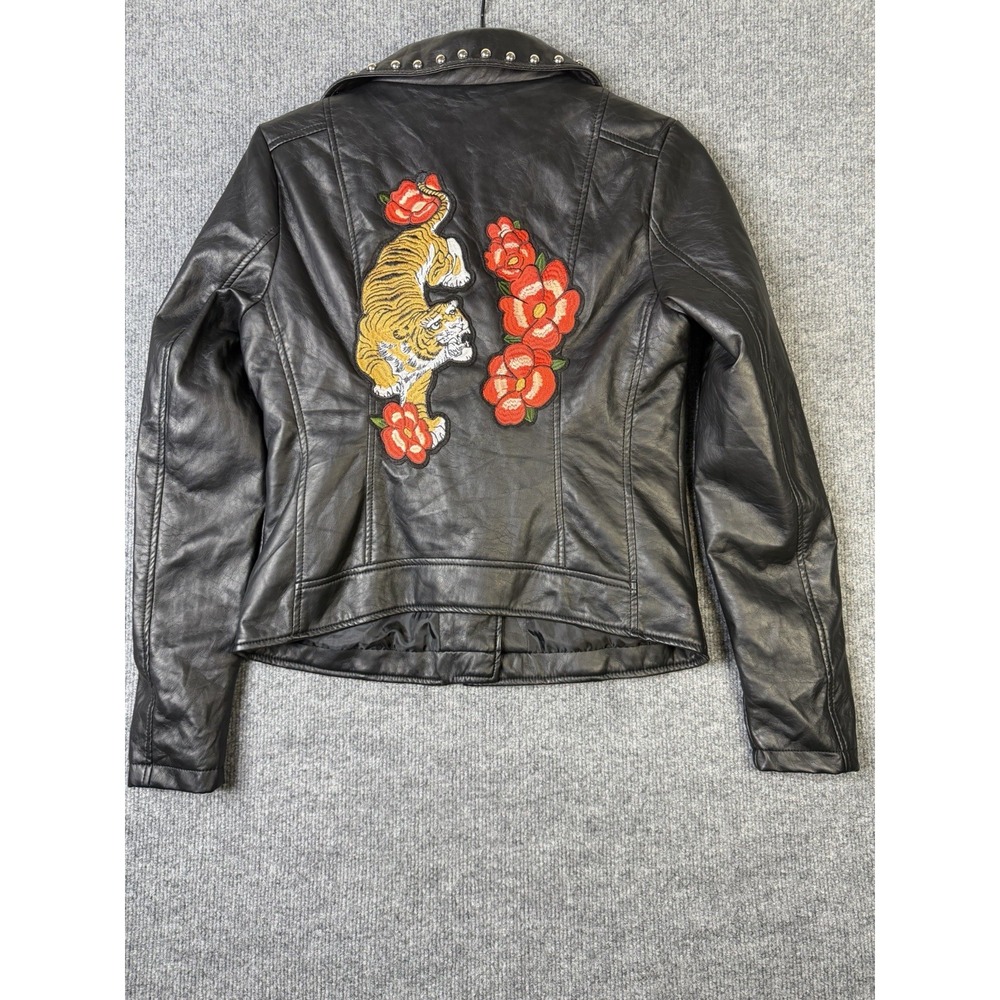 Girls Moto Jacket Faux Leather Studded Embroidered‎ Tiger Floral Size M